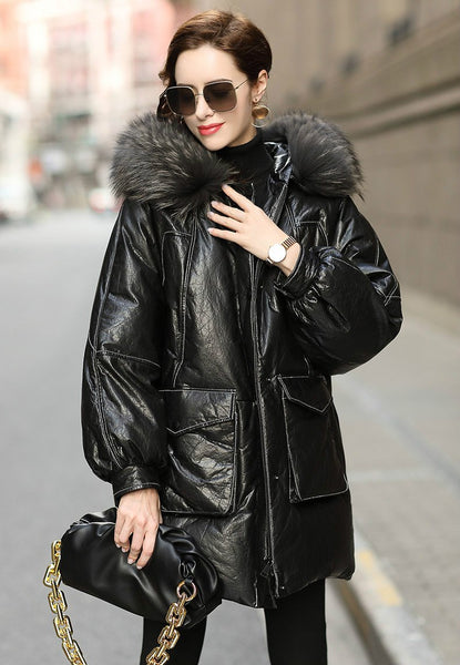 Women's Real Cowhide Leather Duck Down Jacket with Fur Collar - SolaceConnect.com