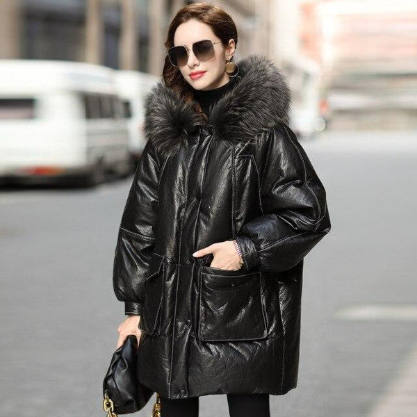Women's Real Cowhide Leather Duck Down Jacket with Fur Collar - SolaceConnect.com