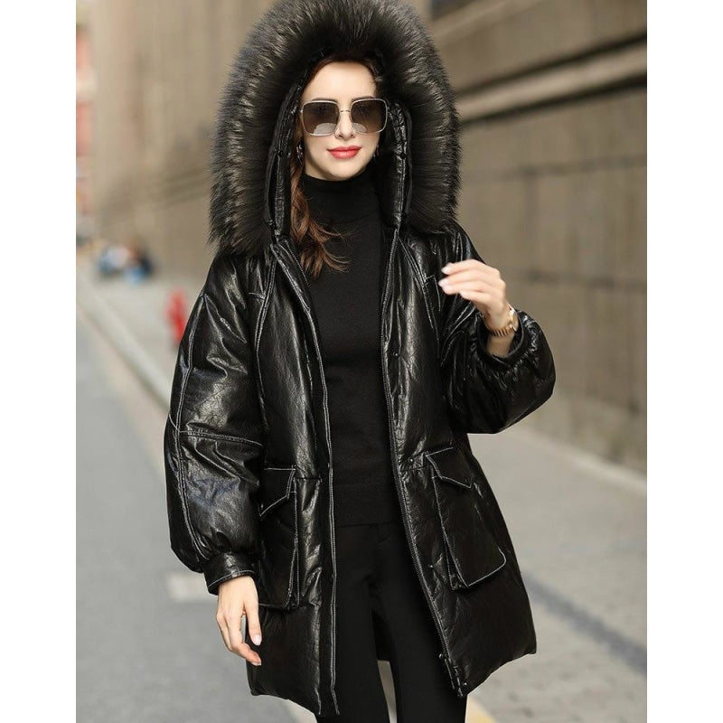 Women's Real Cowhide Leather Duck Down Jacket with Fur Collar  -  GeraldBlack.com