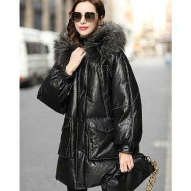Women's Real Cowhide Leather Duck Down Jacket with Fur Collar  -  GeraldBlack.com