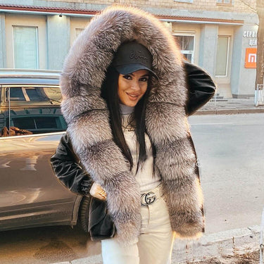 Women's Real Fox Fur Collared Full Sleeved Thick Warm Hooded Winter Jacket  -  GeraldBlack.com