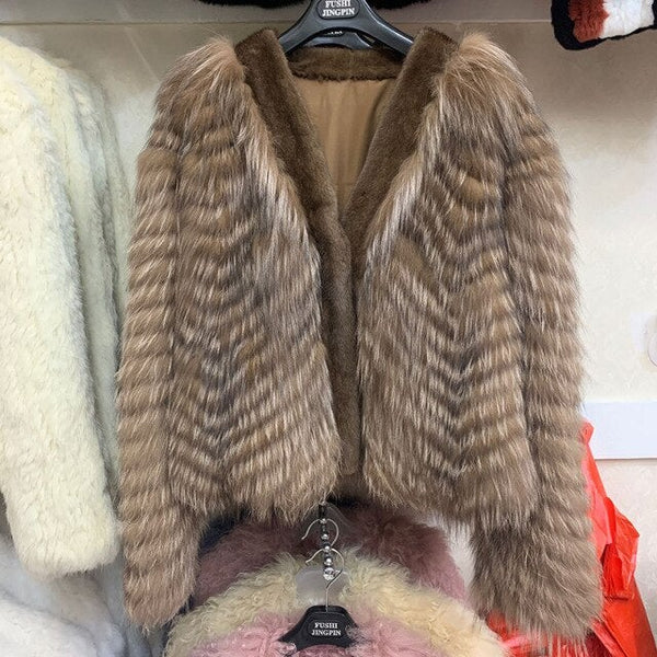 Women's Real Fox Fur Knitted Fashion Mink Coat Jacket Winter Outwear  -  GeraldBlack.com
