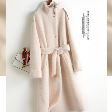 Women's Real Fur Shearling Wool Korean Fashion Lace-up Long Jacket  -  GeraldBlack.com