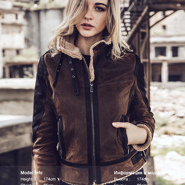 Women's Real Leather Bomber Motorcycle Jacket with Faux Fur - SolaceConnect.com