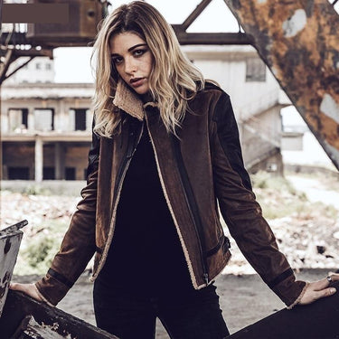 Women's Real Leather Bomber Motorcycle Jacket with Faux Fur - SolaceConnect.com