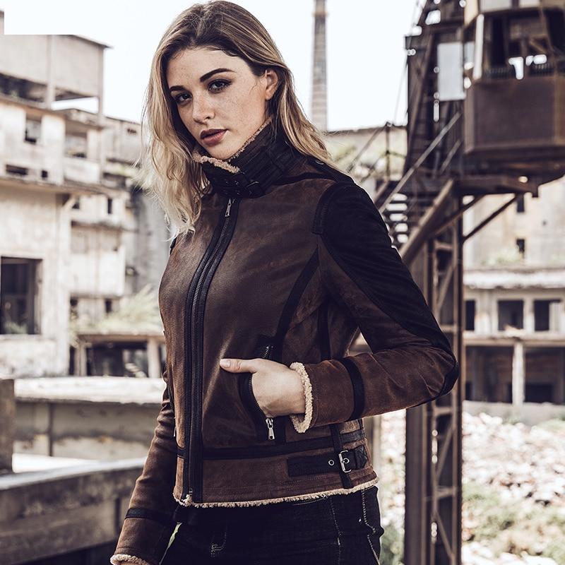 Women's Real Leather Bomber Motorcycle Jacket with Faux Fur  -  GeraldBlack.com