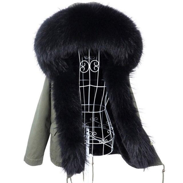 Women's Real Racoon Fur Collared Full Sleeves Zipper Closed Hooded Jacket  -  GeraldBlack.com