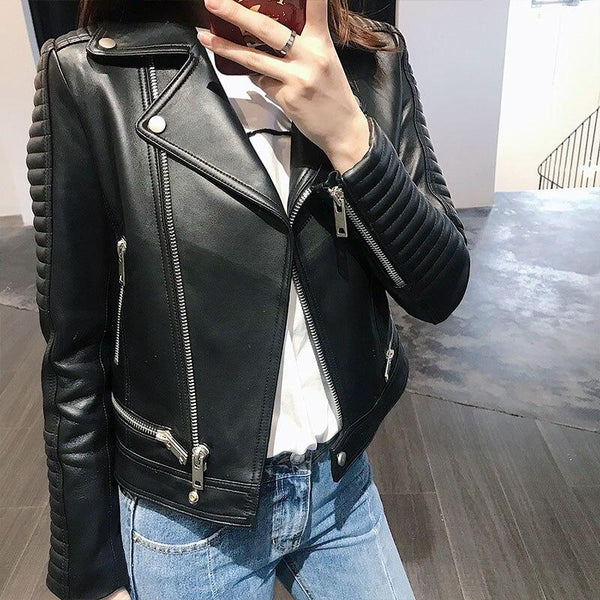 Women's Real Sheepskin Leather Full-Sleeved Short Jackets with Pockets - SolaceConnect.com