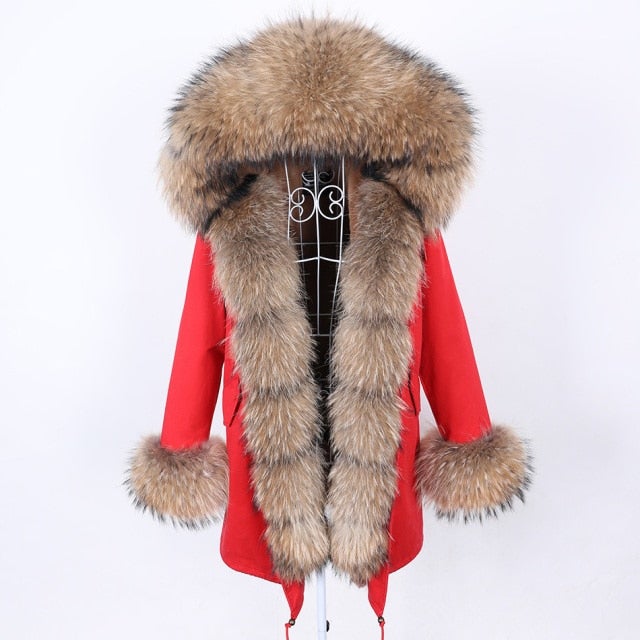 Women's Red Color Real Fox Fur Collar Hooded Long-Sleeved Winter Jacket  -  GeraldBlack.com