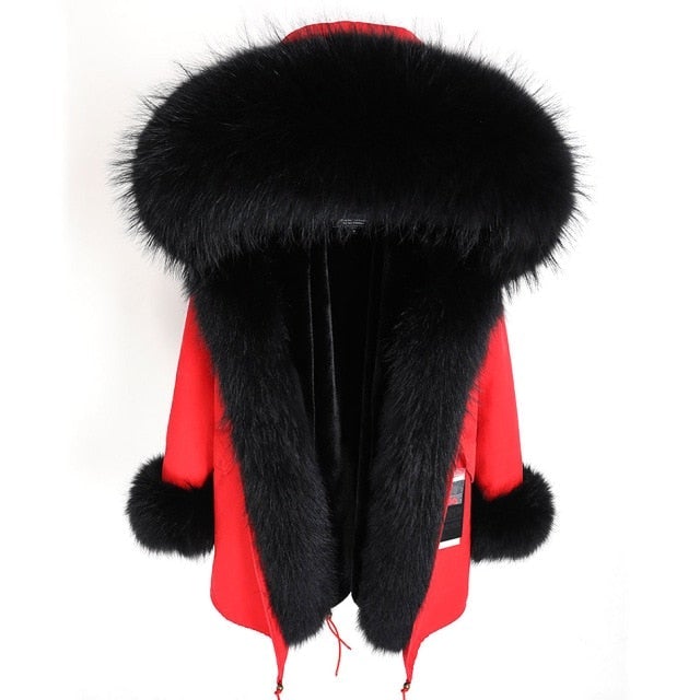 Women's Red with Black Natural Fox Fur Collar Coat Parka Jacket for Winter  -  GeraldBlack.com