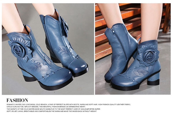 Women's Retro Genuine Leather Handmade High Heels Ankle Boots  -  GeraldBlack.com