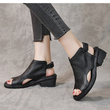 Women's Retro Handmade Genuine Leather Casual Thick Heel Sandal  -  GeraldBlack.com