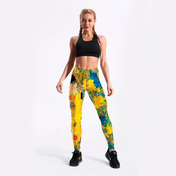 Women's Retro Love Printed Yellow Stretchable Push Up Leggings for Workout  -  GeraldBlack.com