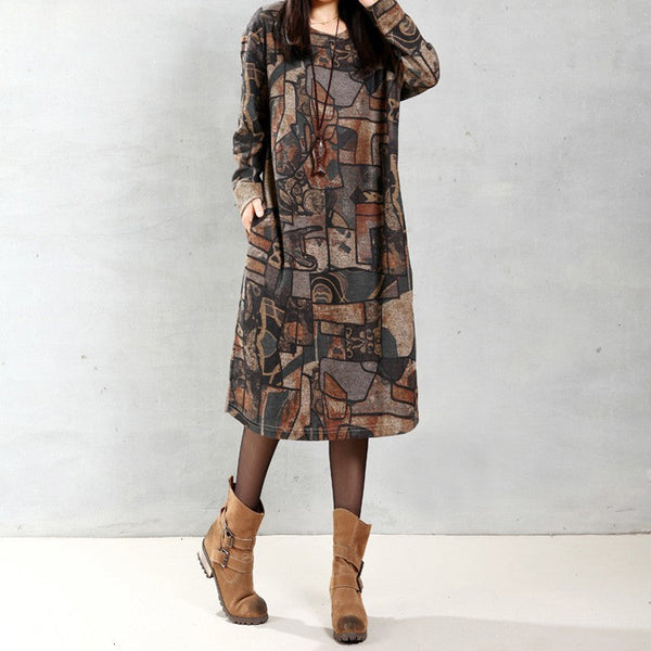 Women's Retro O Neck Long Sleeve Printed Calf Length Loose Dress  -  GeraldBlack.com
