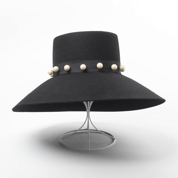 Women's Retro Pearl Fashion Party Black Color Wool Flat Top Bucket Hat  -  GeraldBlack.com