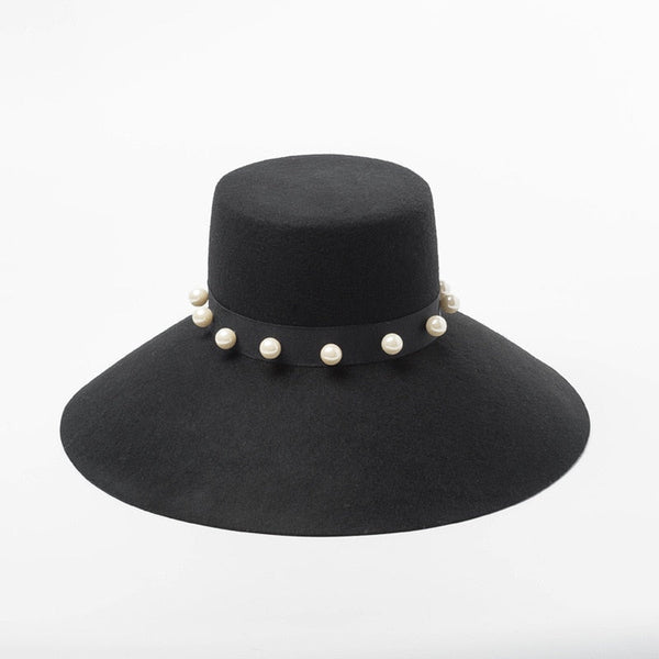 Women's Retro Pearl Fashion Party Black Color Wool Flat Top Bucket Hat  -  GeraldBlack.com