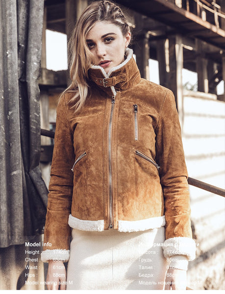 Women's Retro Style Faux Fur Shearling Autumn Winter Leather Jacket - SolaceConnect.com