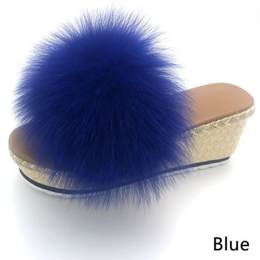 Women's Retro Style Luxury Fox Fur Blue Color Wedges House Slippers  -  GeraldBlack.com