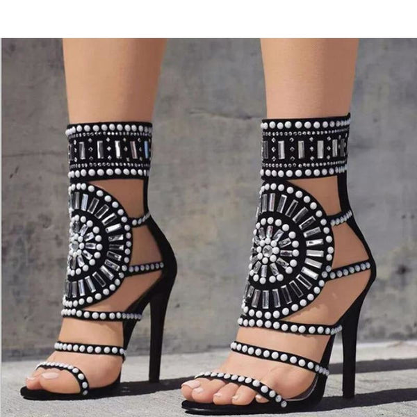 Women's Rhinestone Diamond Open Toe Ankle Wrap Thin High Heels Sandals - SolaceConnect.com