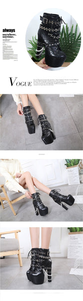 Women's Rivet Metal Chains Decor Zipper High Heels Ankle Boots - SolaceConnect.com