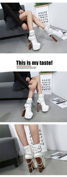 Women's Rivet Metal Chains Decor Zipper High Heels Ankle Boots - SolaceConnect.com