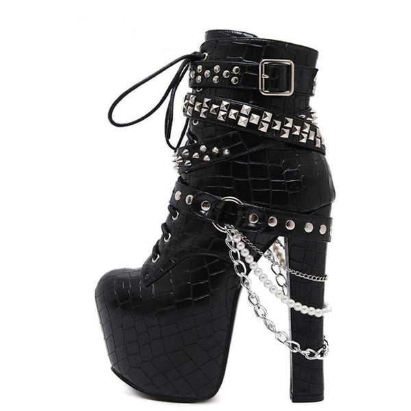 Women's Rivet Metal Chains Decor Zipper High Heels Ankle Boots  -  GeraldBlack.com