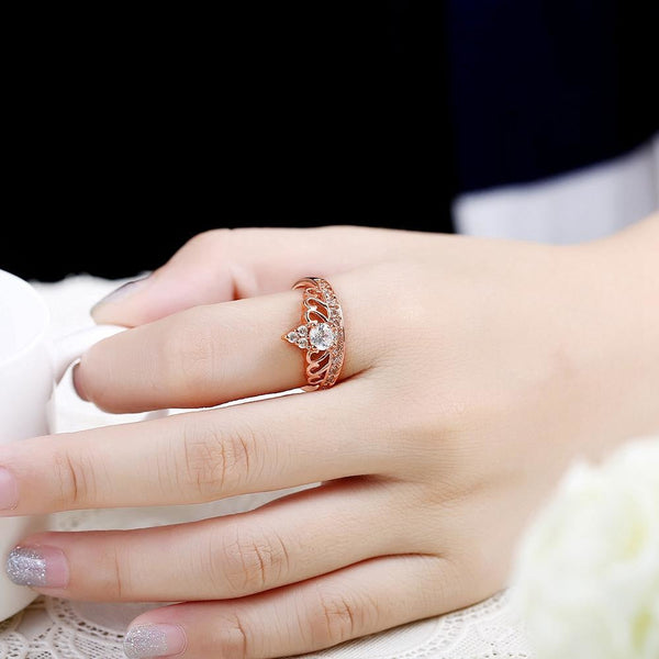 Women's Rose Gold Silver Cubic Zirconia Crown Engagement Love Gift Ring - SolaceConnect.com