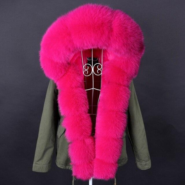 Women's Rose Red Color Racoon Fur Collared Full Sleeves Winter Hooded Jacket  -  GeraldBlack.com