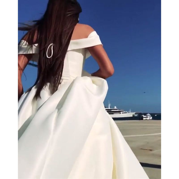 Women's Satin Off Shoulder Sleeveless A-Line Floor Length Bridal Gowns  -  GeraldBlack.com
