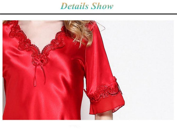 Women's Satin Silk Half Sleeve Embroidery Nightdress Lingerie Sleepwear - SolaceConnect.com