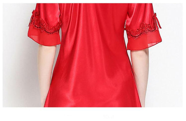 Women's Satin Silk Half Sleeve Embroidery Nightdress Lingerie Sleepwear - SolaceConnect.com
