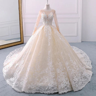 Women's Scoop-Neck Full Sleeves Beaded Sequined Lace Bridal Ball Gown Dress  -  GeraldBlack.com