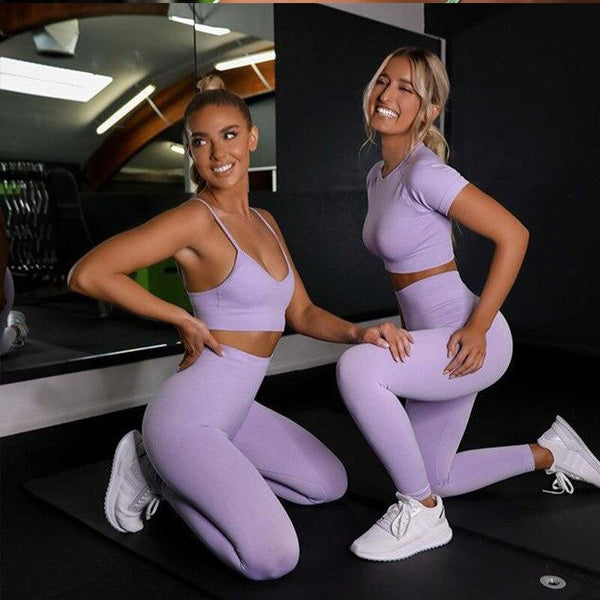 Women's Seamless High Stretch Leggings Shirt Fitness Sports Yoga Two Pieces Set - SolaceConnect.com