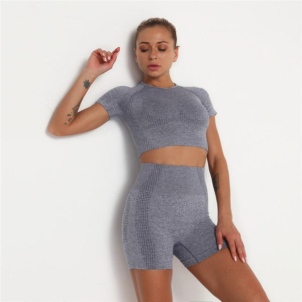 Women's Seamless Shirt Short Fitness Sports Workout Yoga Two Pieces Set - SolaceConnect.com