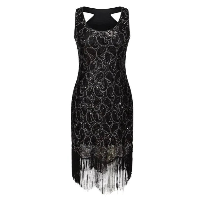Women's Sequin Paisley Pattern Racer Back Flapper Black Gold Dress Black / L