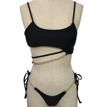 Women's Sexy Backless Solid Color String Metal Chain Bathing Swimsuit  -  GeraldBlack.com
