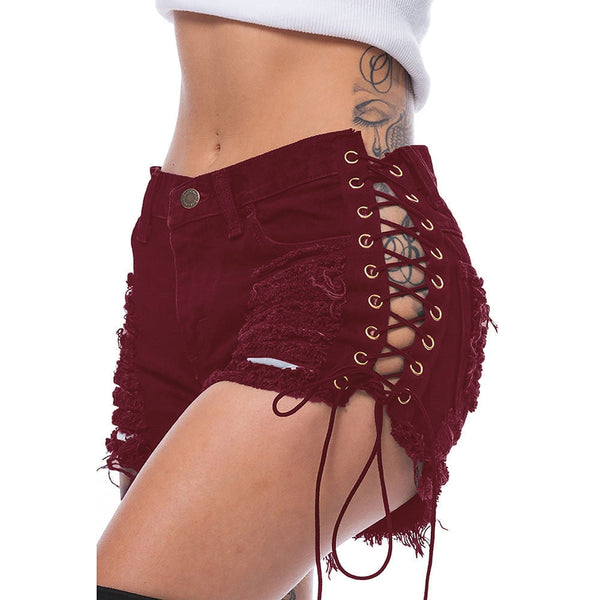 Women's Sexy Club Skinny Lace Up Mid Waist Hole Rivet Button Fly Shorts  -  GeraldBlack.com