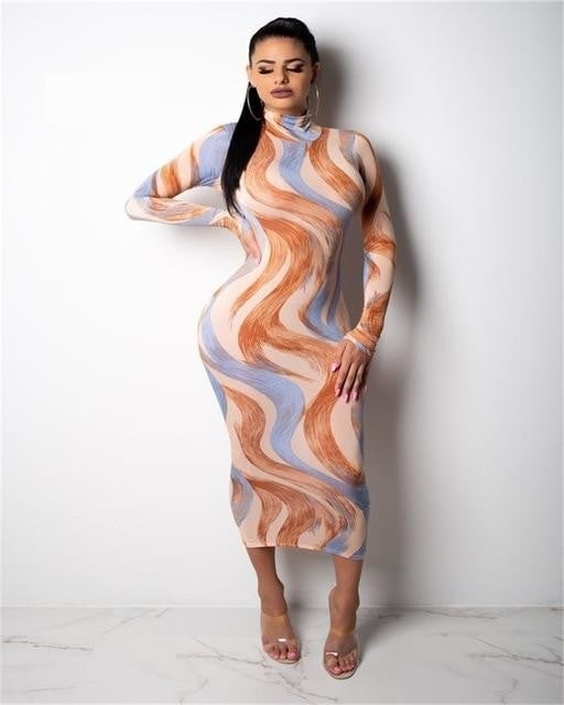 Women's Sexy Club Style Ankle-Length Turtleneck Printed Bodycon Dress –