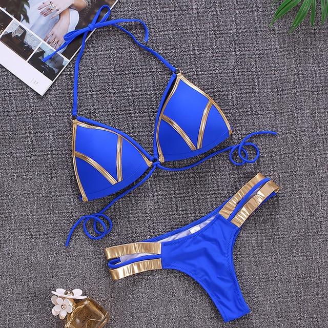 Women's Sexy Push-up Bronzing Halter Neck Printed Bathing Swimsuit - SolaceConnect.com