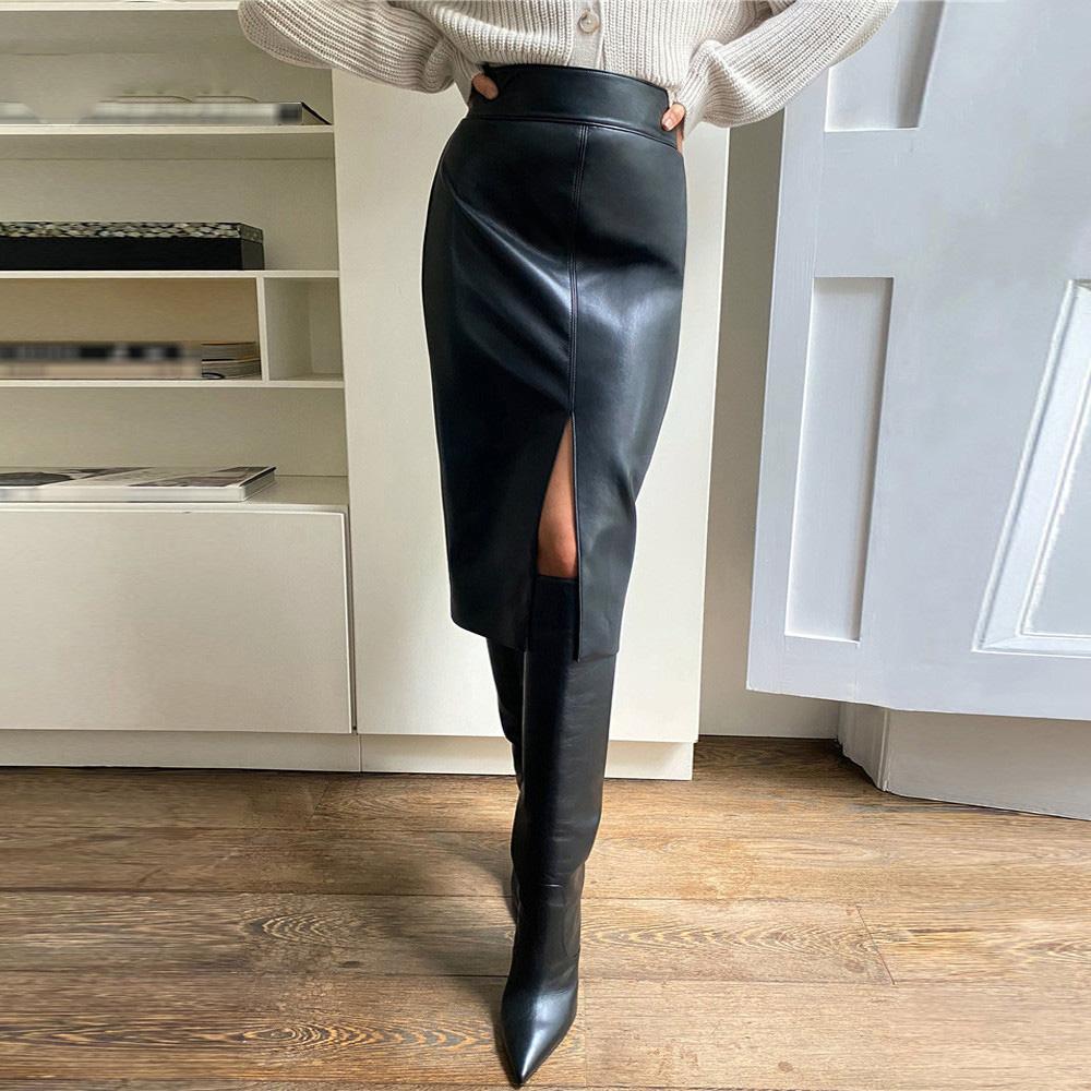 Women's Sexy Streetwear Faux Leather High Waist Slit Pencil Office Skirt  -  GeraldBlack.com