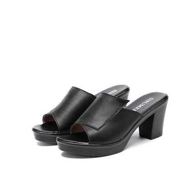 Women's Shallow Fashion Genuine Leather Square High Heel Shoes  -  GeraldBlack.com