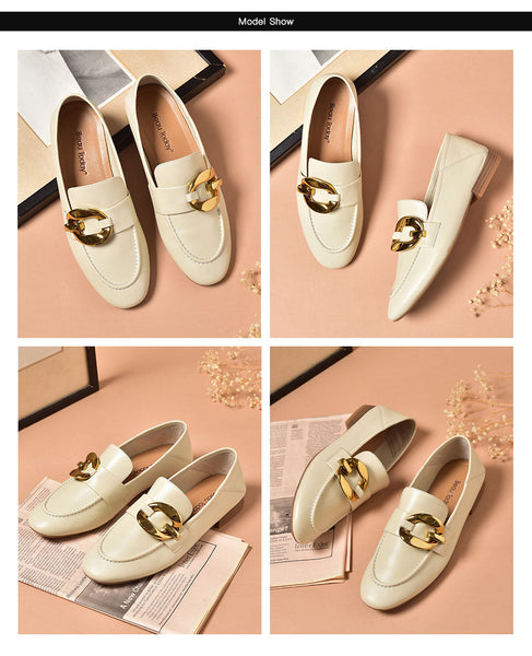 Women's Sheepskin Round Toe Metal Ring Decor Slip-on Flats Loafers - SolaceConnect.com