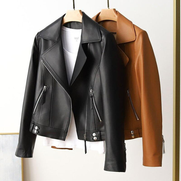 Women's Short Korean Style Real Sheepskin Jacket with Full Sleeves - SolaceConnect.com