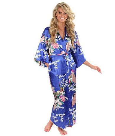 Women's Silk Black Long Flower Printed Vintage Nightgown Kimono Robes - SolaceConnect.com