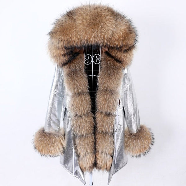 Women's Silver Color Hooded Long-Sleeved Jacket with Real Fox Fur Collar  -  GeraldBlack.com