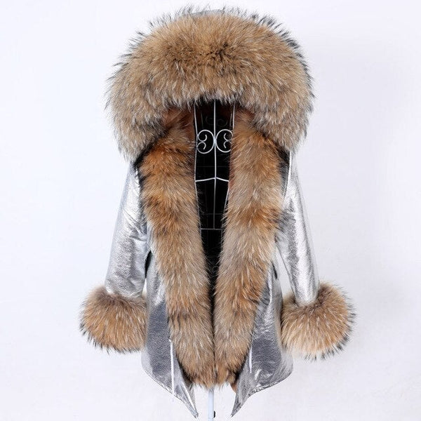 Women's Silver Color Natural Racoon Fur Collared Coat Jacket for Winter  -  GeraldBlack.com