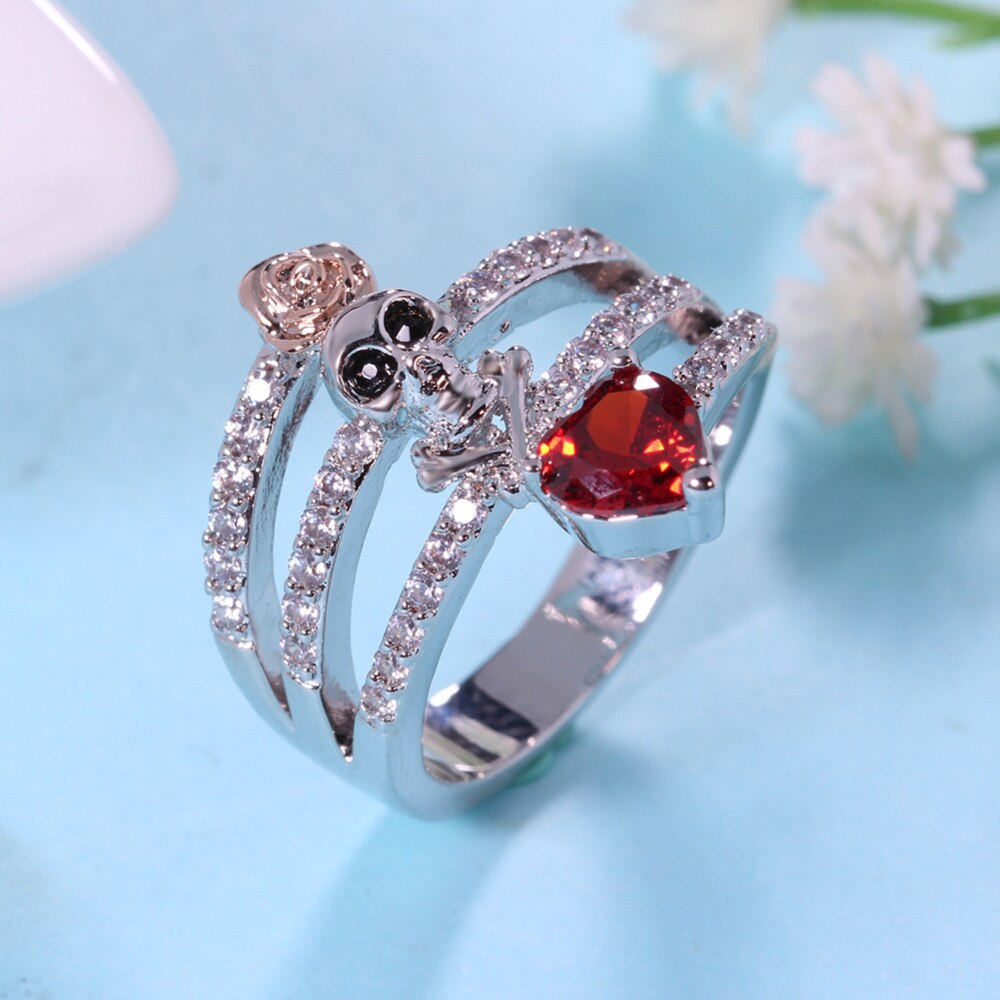 Women's Silver Plated Crystal Austrian Heart Shape Gothic Skull Rose Ring - SolaceConnect.com