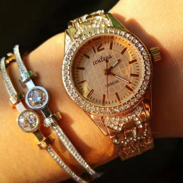 Reloj de pulsera de cuarzo con diamantes de moda de lujo dorado simple para mujer