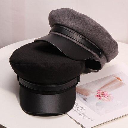 Women's Simple Woollen Leather Flat Top Korean Fashion Military Navy Hats - SolaceConnect.com