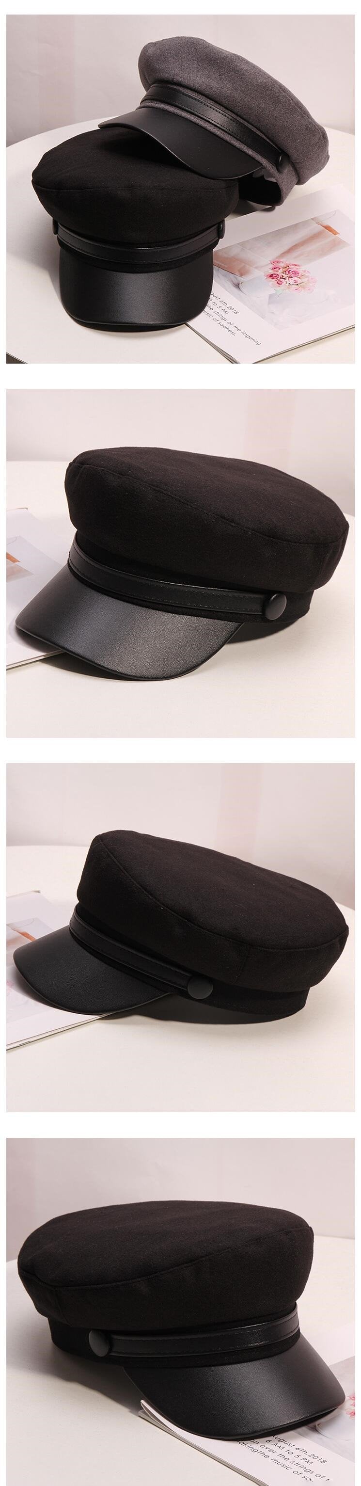 Women's Simple Woollen Leather Flat Top Korean Fashion Military Navy Hats - SolaceConnect.com